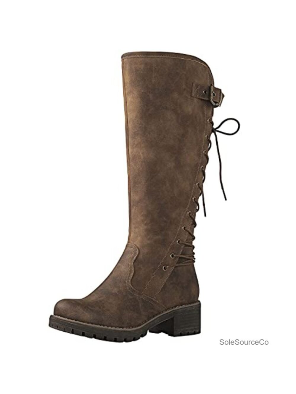 GLOBALWIN Women's Knee High Boots Lace Up Back Faux Leather Low Block Heel